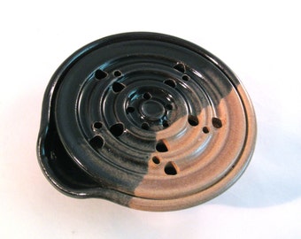 Soap Dish - Draining Soap Dish - Drain Tray - Handmade Pottery - Pottersong - One Piece - Soap Saver - Kitchen or Bathroom - Black and tan