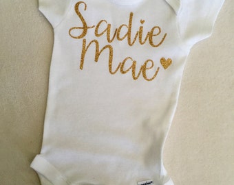 Custom Onesie Baby Newborn Outfit 0 3 6 9 12 18 months Gold Glitter Name Take Home Birthday Any 2 Names or Words Girls White and Gold