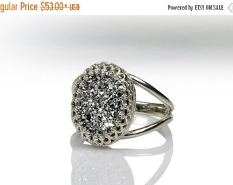 SUMMER SALE - Grey druzy ring,oval ring,double band ring,silver ring,gemstone ring,gray ring,oval stone ring,cocktail rings,solita