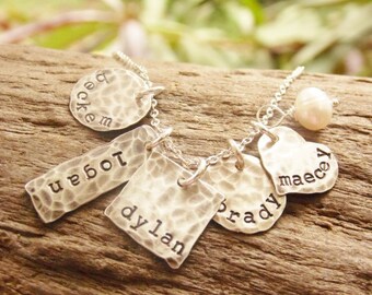 Mother Necklace, Kids Names, Sterling Silver Stamped, Grandmother Jewelry, Distressed Shapes One Two Three Four Five Six Seven Names