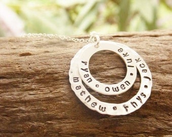 Hand Stamped Silver Double Circle Washer Necklace with Kids Names