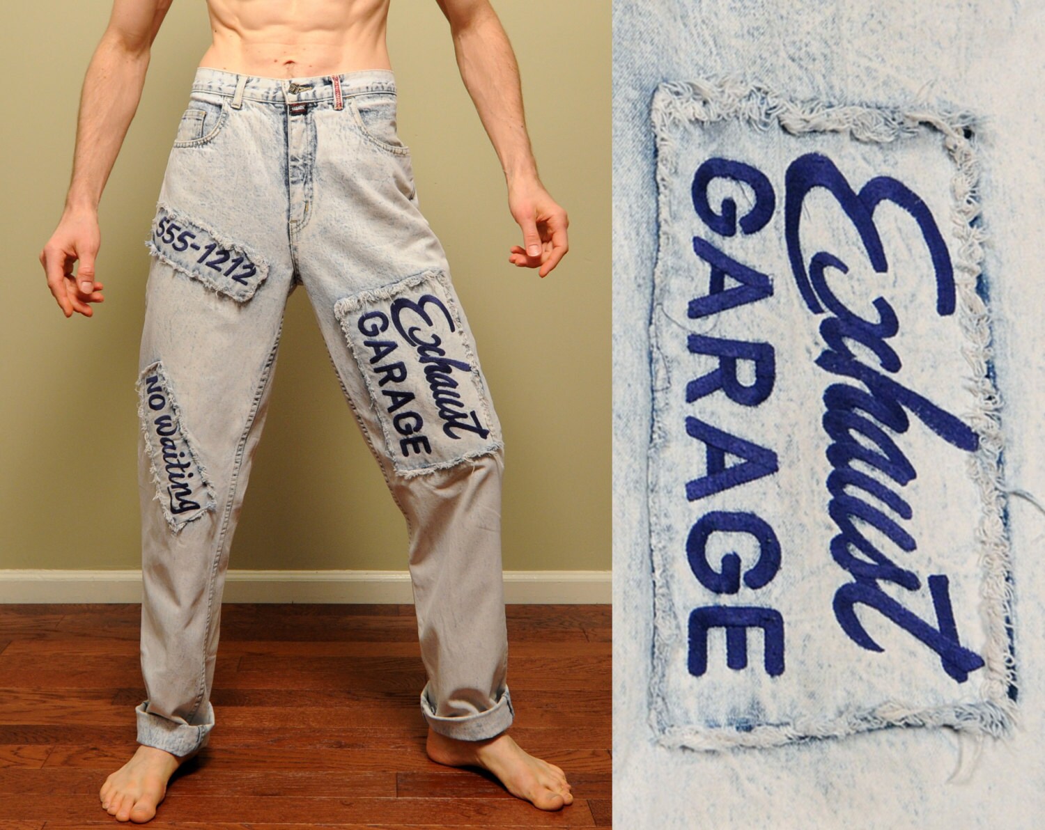 vintage 80s bleached jeans acidwashed white jeans Exhaust