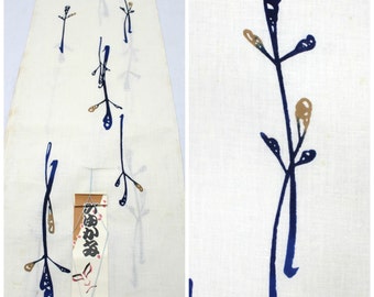 Japanese Yukata Cotton Bolt. Artisan Made Vintage Fabric. Hand Painted Design in White Blue and Brown. (Ref: 1205)