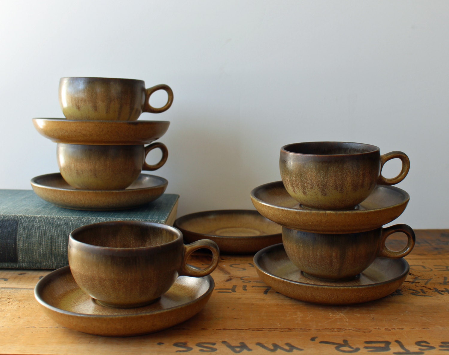 5 Denby Romany brown cups and 6 saucers vintage English
