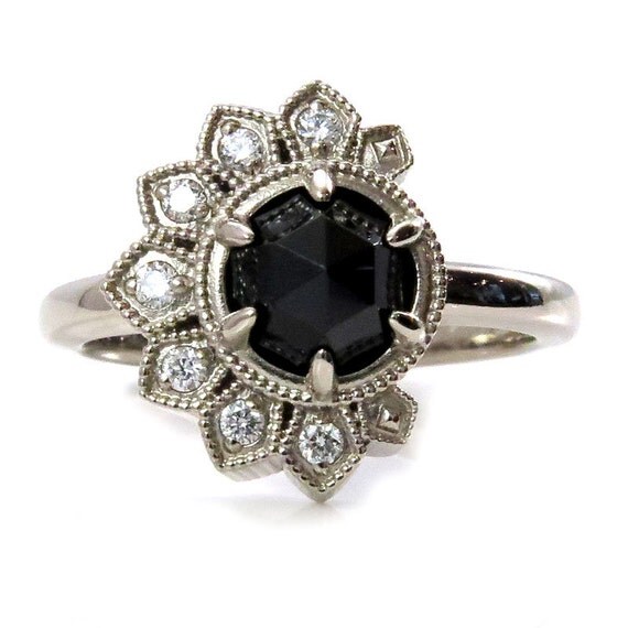 Diamond Eclipse Ring - 14k Palladium White Gold - White Diamond Crescent with Black Spinel or Black Diamond