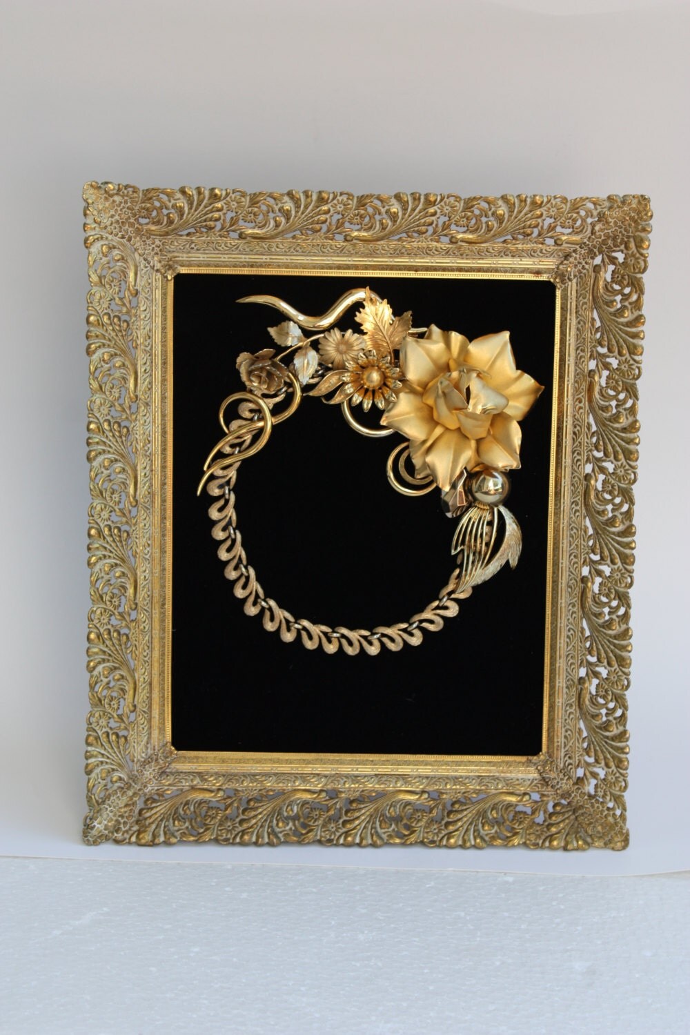 Vintage jewelry collage Framed Gold Antique Brooch Necklace