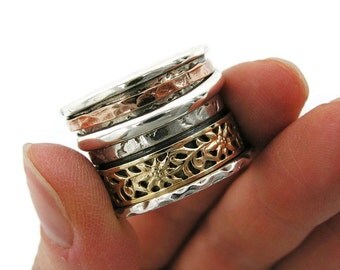 Sterling silver gold spinner ring. Silver spinner ring. Wide spinner ring. Mix ring. Floral spinner ring. (gsr-7052-955-961-958-973-957)