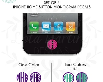 Set of 4 - iPhone Home Button Monogram Vinyl Decal Solid or Glitter