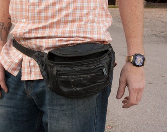 Black Leather Patchwork Fanny Pack
