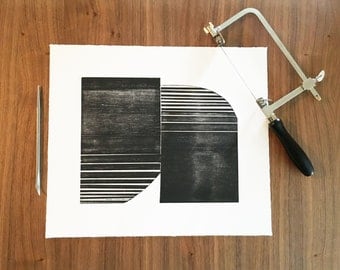 Minimalist Etching Print. Geometric . Black and White: "Ottoman ". Size 12" x 14". unframed
