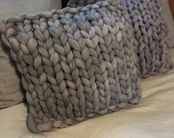 Merino Wool Pillow, 24 x 24 cushion, grey cushion, knit pillow, knit cushion, Wool Throw Pillows, Colors & Stitches