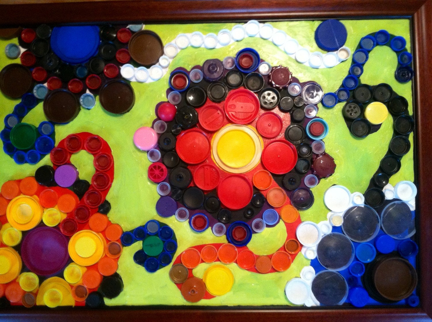 Flower recycled art painting with plastic lids