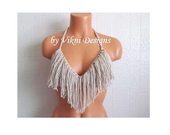 Beige Fringe Bikini Top, Hippie Fringe Bralet Top by Vikni Designs