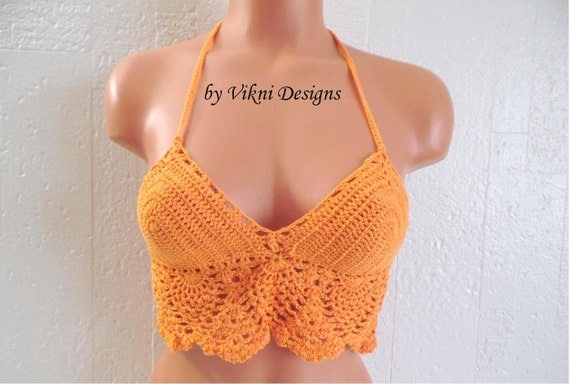 Lace up Pineapple Crochet Top Festival Orange Cage Edge Crop