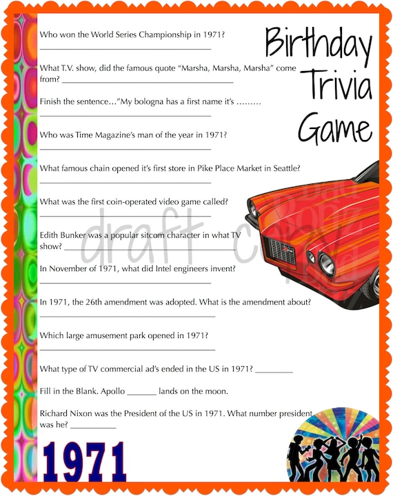 1971 Birthday Trivia Game Birthday Party Trivia 50's