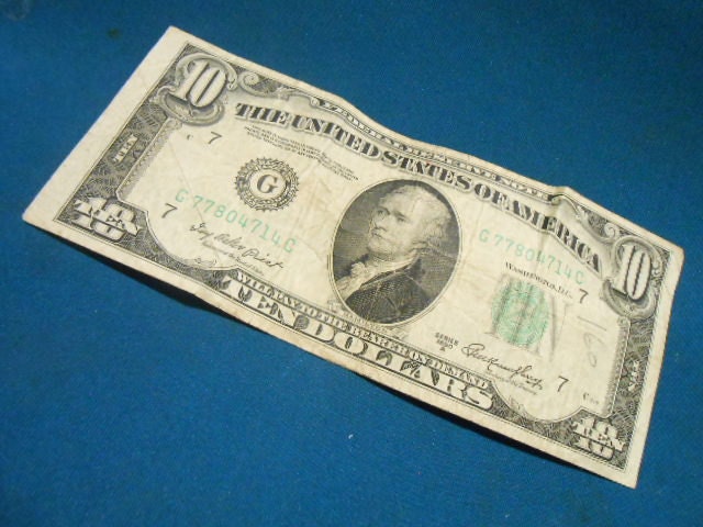 1950 10 Dollar Bill. Rare USA Currency Vintage Money 65 years