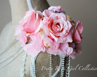Rose Epaulette/shoulder pad with Rhinestone chains