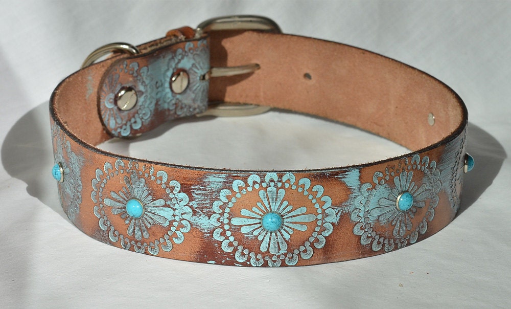 Turquoise Leather Dog Collar Turquoise Western Dog by Studio1070