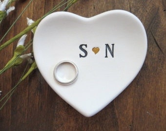 ring dish, engagement ring holder, black and gold, white matte, custom ceramic heart shaped jewelry bowl, You and Me Gift