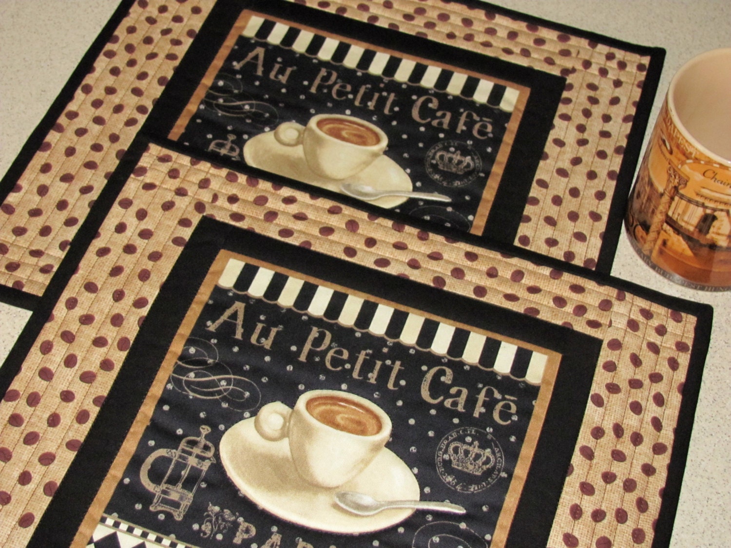 Quilted Placemats French Coffee Words in Paris Theme Fabric