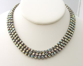 Vintage Rhinestone Choker - 1950s Mid Century Glamor - Aurora Borealis Rhinestones