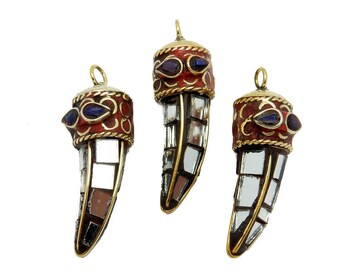 Mosaic Mirror Tusk Horn Pendant with Brass/Red Coral Cap with Small Lapis Lazuli Accent.(S8B16-03)