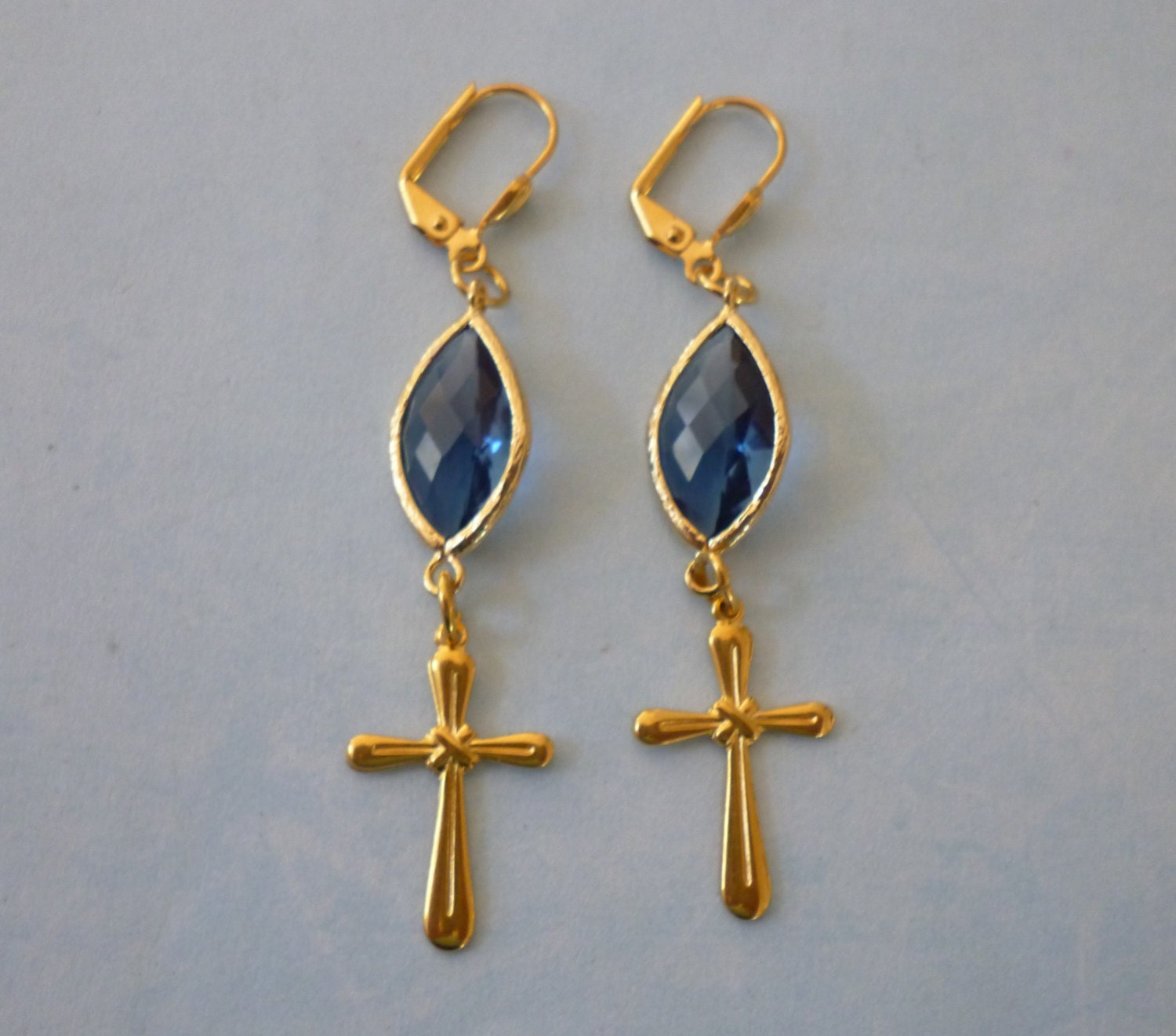 Gold & Saphire Blue Cross Earrings Catholic Religious