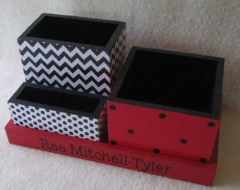 Red and Black Desk Organizer - Home Office Organizer - Pencil Holder - Office Organizer - Black Chevron - Personalized - Gift