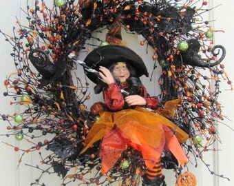 Halloween Witch - Fall Pip Berry Wreath - Witch Wreath - Primitive Halloween Door Wreath - Halloween Wreath - Front Door Wreath