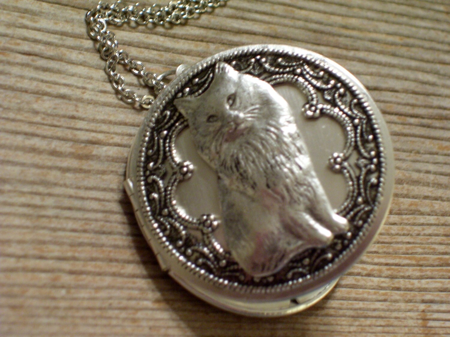 Silver Cat Locket Victorian Style Cat Locket Round Locket