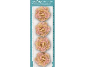 Small Burlap and Lace Flowers, Self-Adhesive - Burlap & Rose Color Lace, Set of 4- Jolee