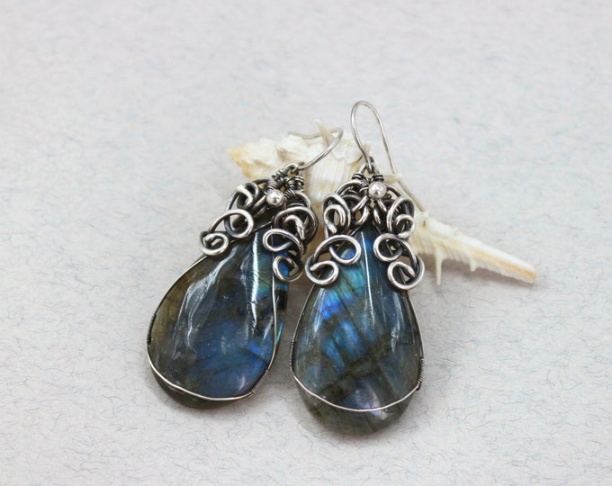 Labradorite Earrings Wire Wrap Earrings Blue Drop Earrings Blue Labradorite Dangle Earrings Blue Dangle earrings Sterling Silver Earrings