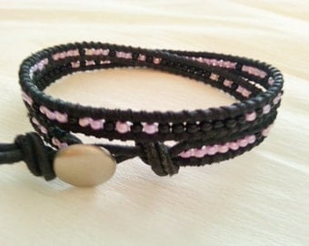 Double wrap bracelet, black leather, seed beads, black lilac mix