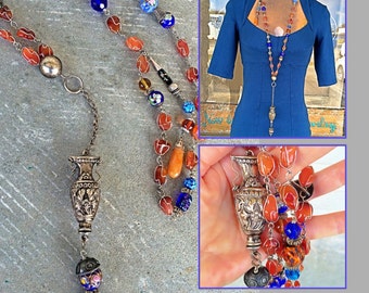 Vintage tribal assemblage long art deco flapper style repousse perfume vinaigrette Secret compartment