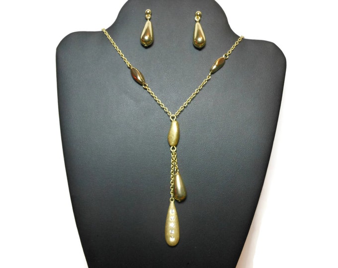 FREE SHIPPING SAQ necklace earrings, original box, asymmetrical chain, gold tear drop earrings, links on chain, bottom drop rhinestones