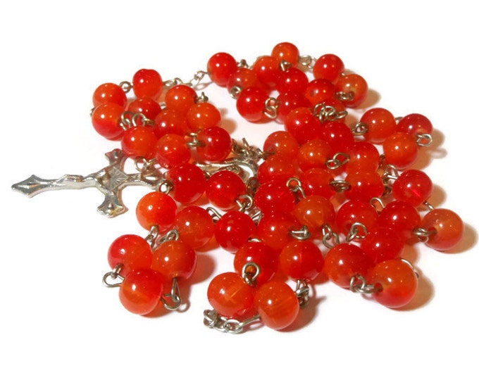 FREE SHIPPING Faux Carnelian Rosary, red orange painted glass beads, silver tone crucifix and Virgin Mary/Sacred Heart center piece