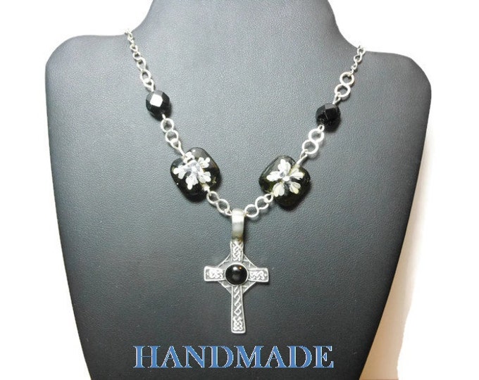 FREE SHIPPING Pewter Celtic cross pendant, Czech lampwork Crystal floral beads, vintage black beads, handmade infinity links silver plated