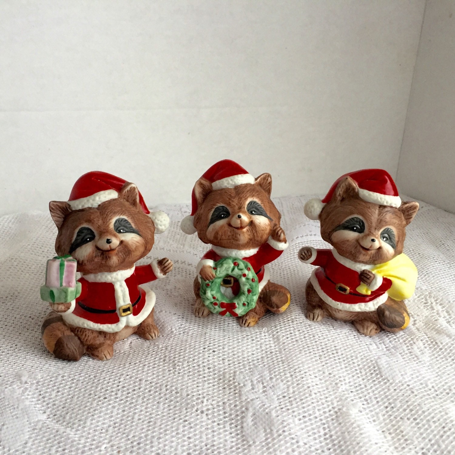 Vintage Ceramic Homco Figurines Set of Christmas Raccoons in