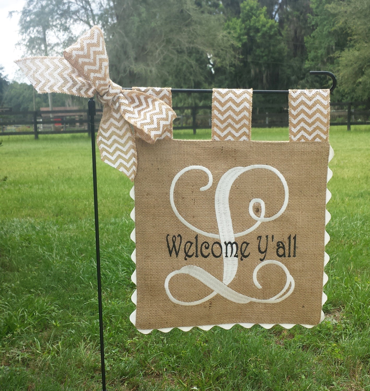 Download Custom Embroidery Single Letter Monogram Burlap Garden Flag