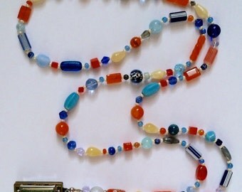Blue and Orange Long Beaded Harmonica Necklace