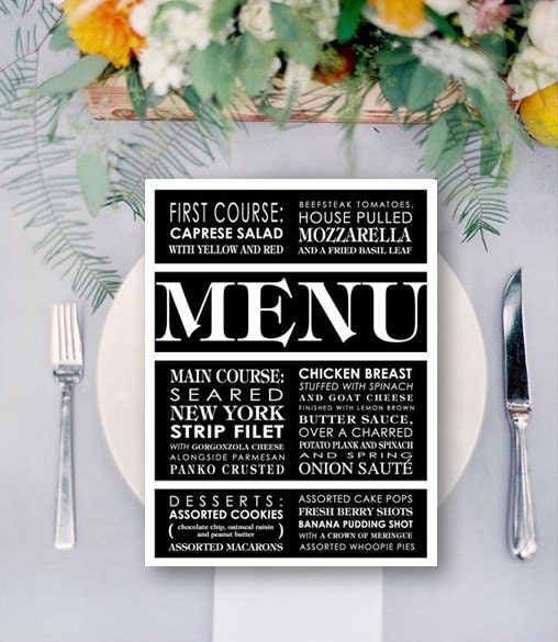 Modern Wedding Menu Card Custom One Two or Three Course