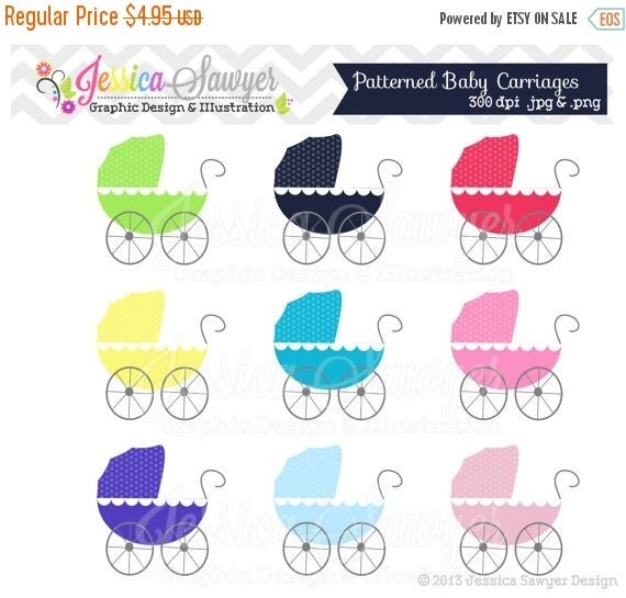 80% OFF - INSTANT DOWNLOAD, patterned baby carriages or baby shower clipart for personal and commercial use Il_570xn
