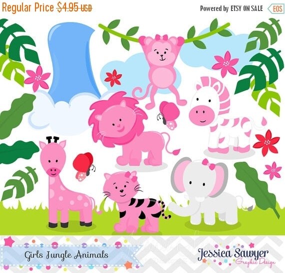 80% OFF - INSTANT DOWNLOAD, girls Jungle Animal Clipart and Vectors for Jungle Party. Personal and Commercial Use Il_570xn