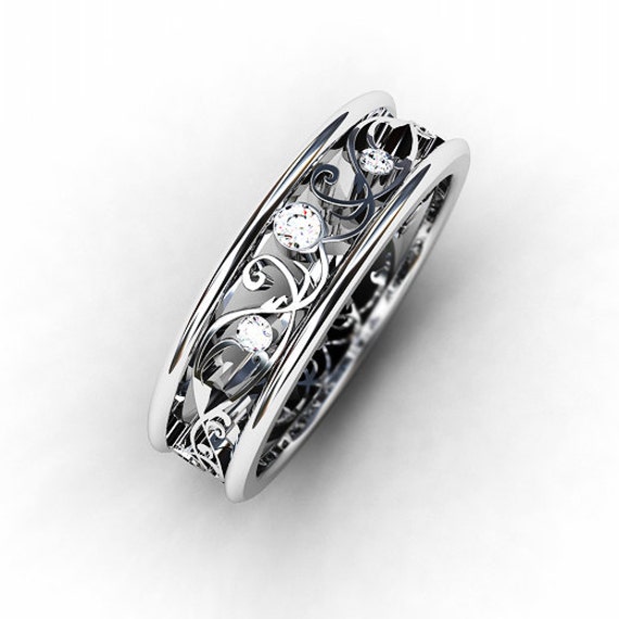 Diamond ring  White  gold  wedding  band  filigree ring 