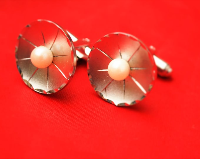 Sterling Silver Pearl Cuff links and tie tact. - round white salt water pearl - wedding groom - cufflinks