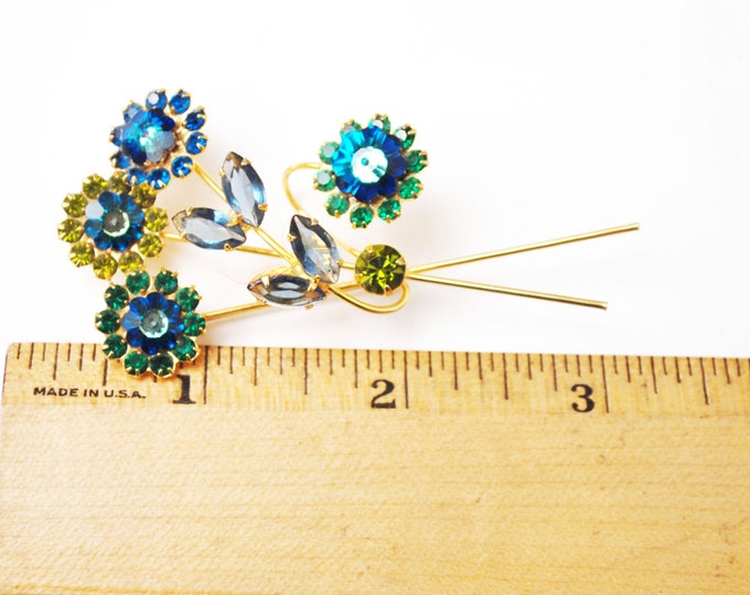 Rhinestone Flower Brooch - Blue Green Crystal - Floral Spray pin