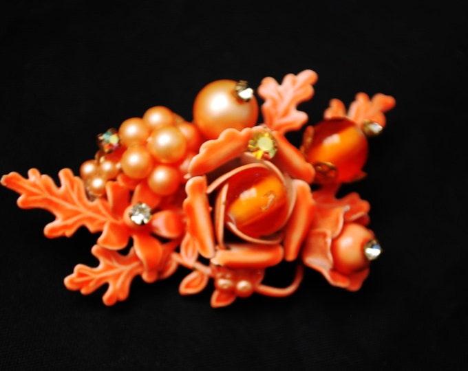 Orange Flower Brooch - Haskell "esque" - wired glass beads and rhinestones - Enamel and Pearls -Floral Bead