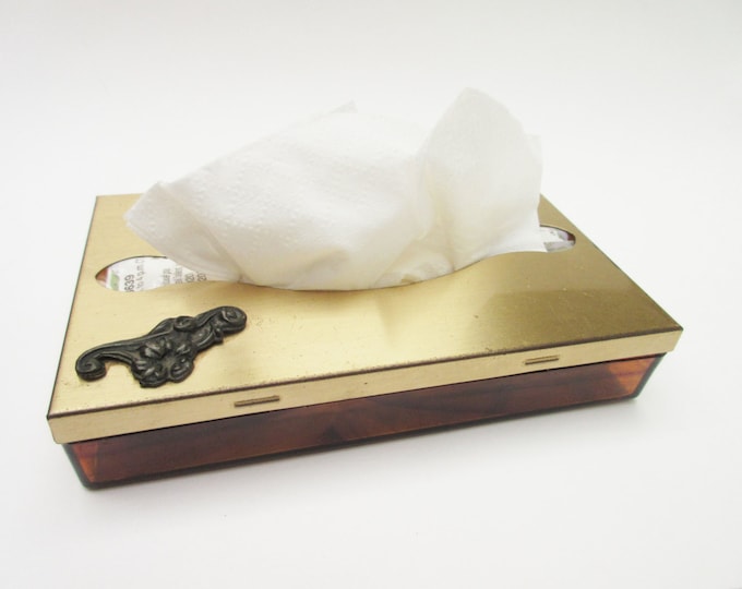 Tissue Box Tortoise shell Lucite Brass mini for pocket pack Kleenex Gold tone