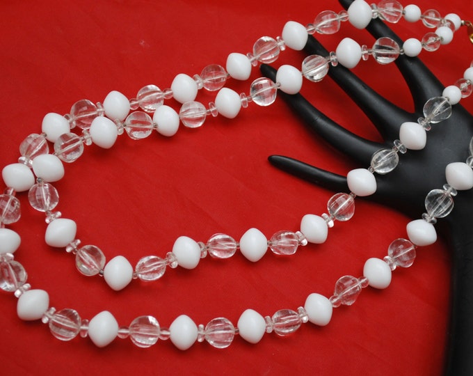 Trifari necklace double strand white and clear Lucite plastic beads
