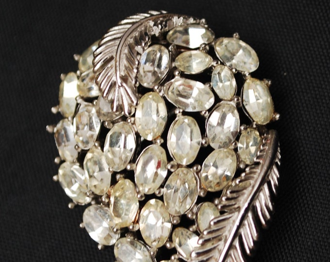 Crown Trifari Brooch - Clear Rhinestone - silver Leaf - Mid Century Pin